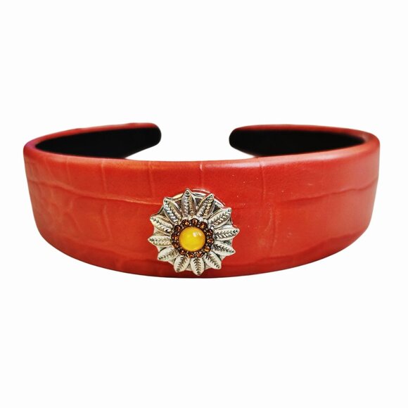 Interchangeable Sunflower Snap Charm Vegan Leather Headband in Red - Picture 4 of 4